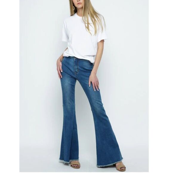 Raw Hem Ultra High Rise Best Basic Bell Bottom Flare Pants with Retro Seaming - Picture 1 of 12